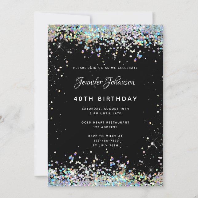 Holographic Sparkly Glitter 40th Birthday Black Invitation (Front)