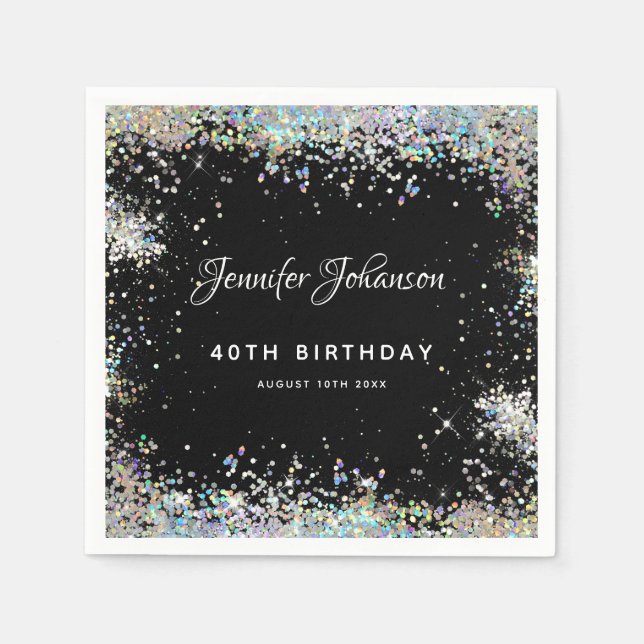 Holographic Sparkly Glitter 40th Birthday Black Napkin (Front)