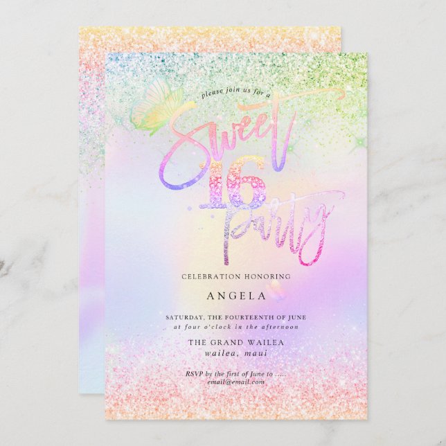 Holographic Sweet 16 Pink Diamond Glitters Invitation (Front/Back)