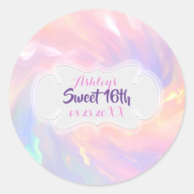 Holographic Sweet 16th  Name Pink Date Quinceañera Classic Round Sticker (Front)
