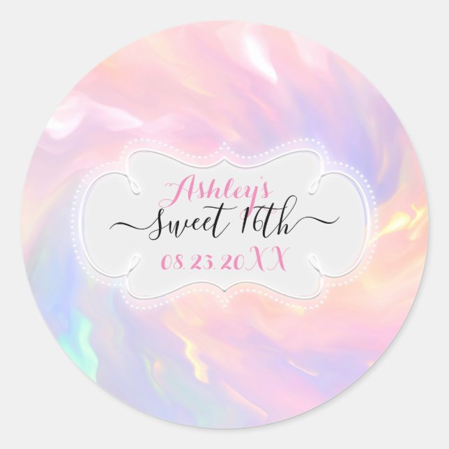Holographic Sweet 16th  Save The Date Quinceañera Classic Round Sticker (Front)
