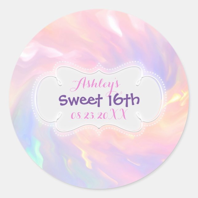 Holographic Sweet 16th save the Date Quinceañera Classic Round Sticker (Front)