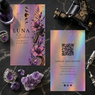 Holographic Tattoo Artist Luxury Iridescent QR  Business Card