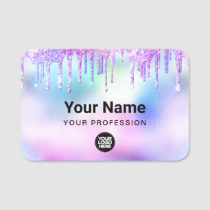 Holographic Trendy Cute Glitter Drips Employee Name Tag