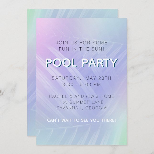 Holographic Tropical Leaves Pool Party Invitation (Front/Back)