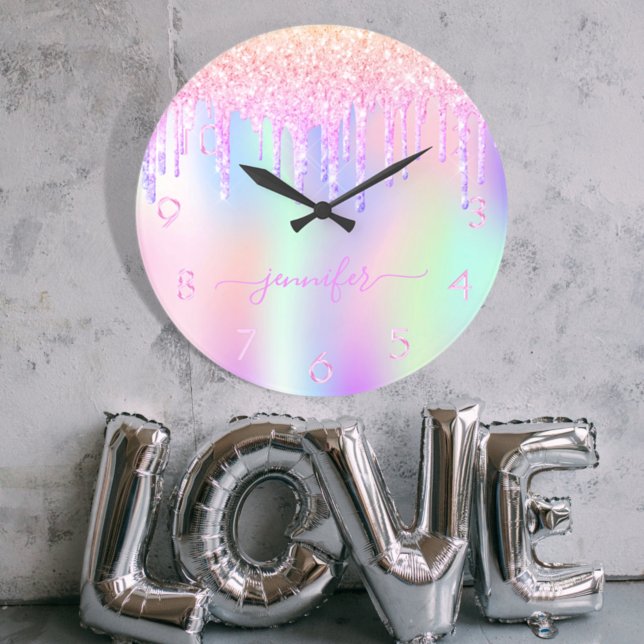 Holographic unicorn glitter drip rainbow monogram large clock (Creator Uploaded)