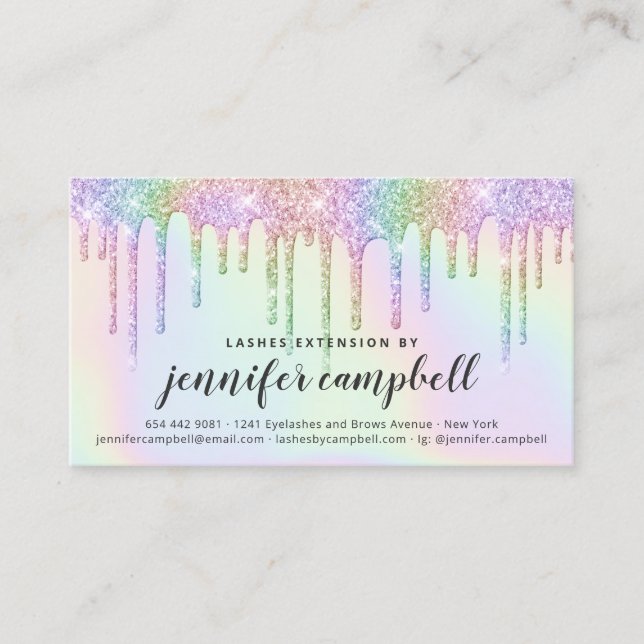 Holographic unicorn glitter drips glam aftercare business card (Front)