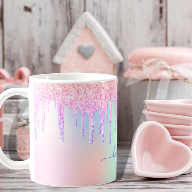 Holographic unicorn glitter drips rainbow monogram coffee mug (Creator Uploaded)