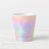 Holographic unicorn glitter drips rainbow name latte mug (Front)
