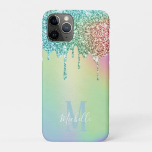 Holographic Unicorn Glitter Drips Script Monogram iPhone 11 Pro Case