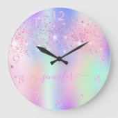 Holographic unicorn glitter rainbow monogram large clock (Front)