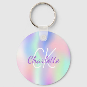 Holographic unicorn rainbow monogram name key ring