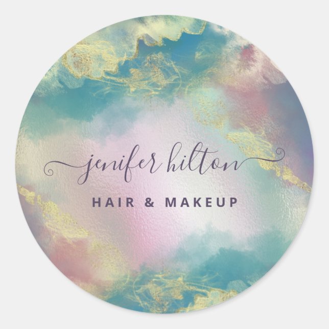 Holographic watercolor elegant abstract signature  classic round sticker (Front)