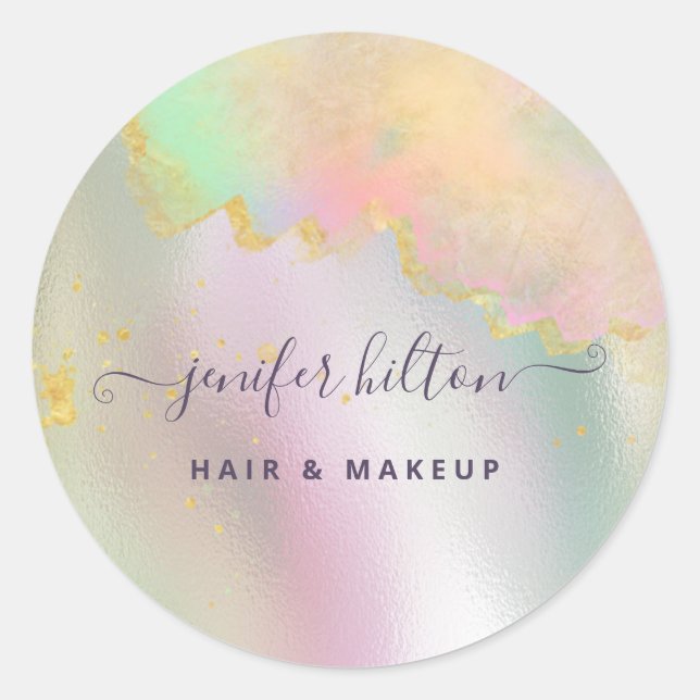 Holographic watercolor elegant abstract signature  classic round sticker (Front)