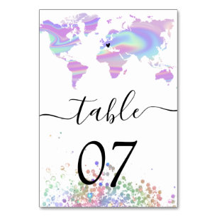 Holographic Wedding Destination World Map Heart T Table Number