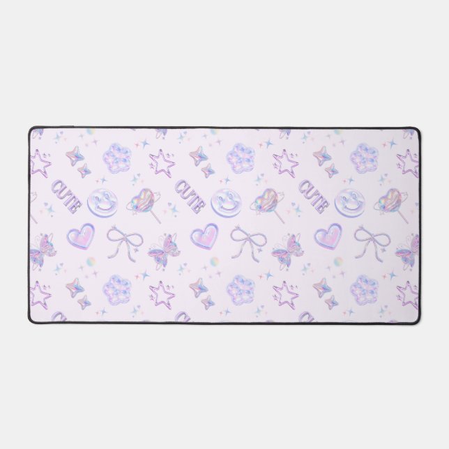 Holographic Y2K Cute Pastel Purple Smiley Pattern Desk Mat (Front)