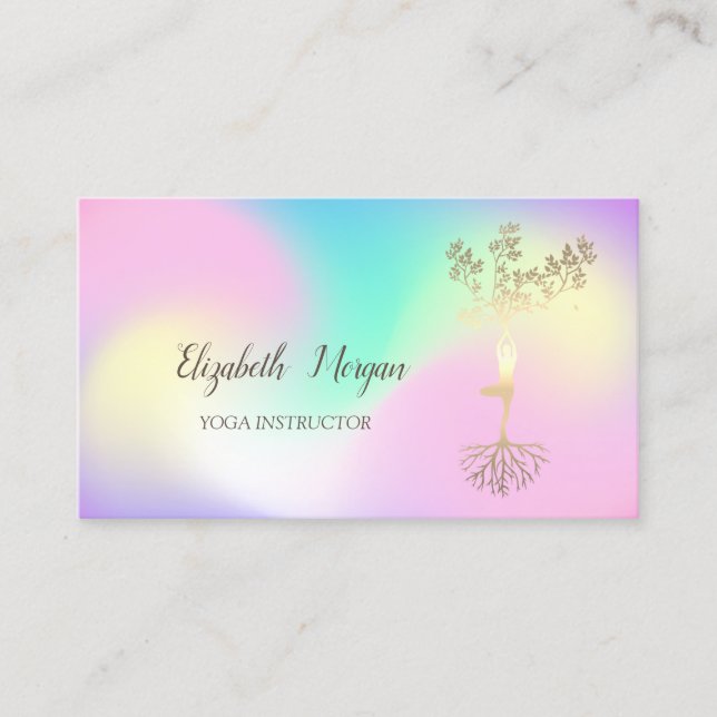 Holographic Yoga Instructor,Tree Women Silhouette Business Card (Front)