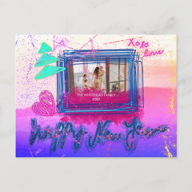 Holography Glow Glitter Frame Photo Happy New Year Postcard (Front)