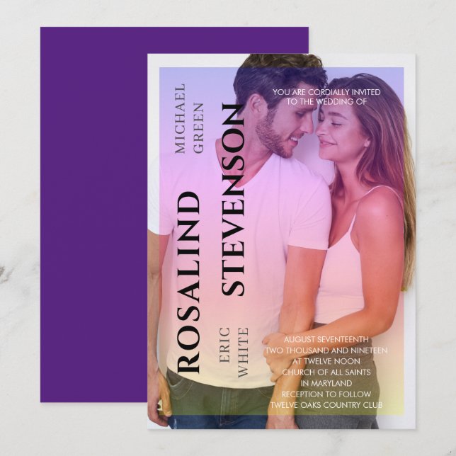 Holography Pink Purple Overlay Photo Wedding Invitation (Front/Back)