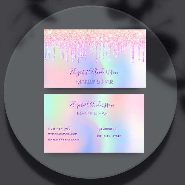 Holograpic pink drips makeup hair business card (Creator Uploaded)