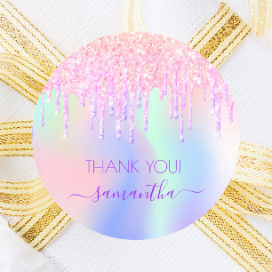Holograpic unicorn glitter drip thank you birthday classic round sticker
