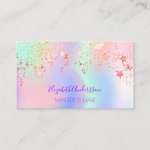 Holograpic unicorn pink glam makeup hair stars business card