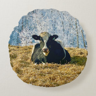Holstein Calf on Frosty Alberta Morning Round Cushion
