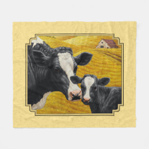 Holstein Cow and Calf Farm Yellow Fleece Blanket