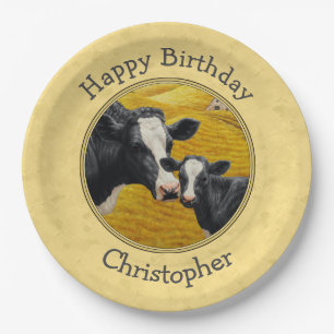 Holstein Cow and Calf Farm Yellow Paper Plate