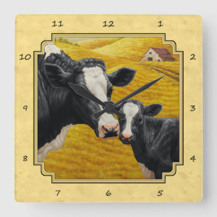 Holstein Cow and Calf Farm Yellow Square Wall Clock