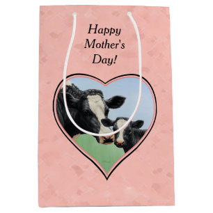 Holstein Cow and Calf Pink Heart Medium Gift Bag