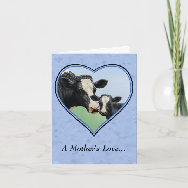 Holstein Cow and Cute Calf Blue Heart Card (Front)