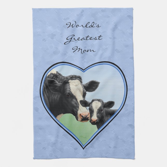 Holstein Cow and Cute Calf Blue Heart Tea Towel (Vertical)