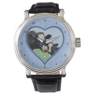 Holstein Cow and Cute Calf Blue Heart Watch