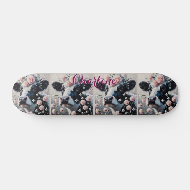 Holstein Cow Carnations Farmhouse Personalised Skateboard (Horz)