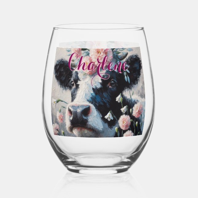Holstein Cow Carnations Farmhouse Personalised Stemless Wine Glass (Front)