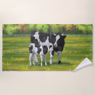Holstein Cow & Cute Calf in Summer Pasture Beach Towel