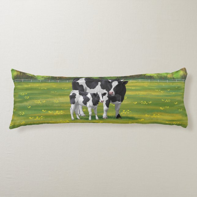 Holstein Cow & Cute Calf in Summer Pasture Body Cushion (Front)
