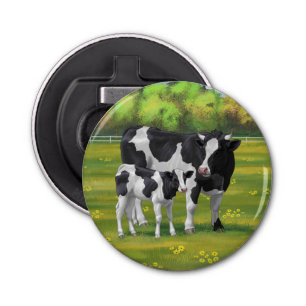 Holstein Cow & Cute Calf in Summer Pasture Bottle Opener