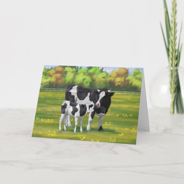 Holstein Cow & Cute Calf in Summer Pasture Card (Front)