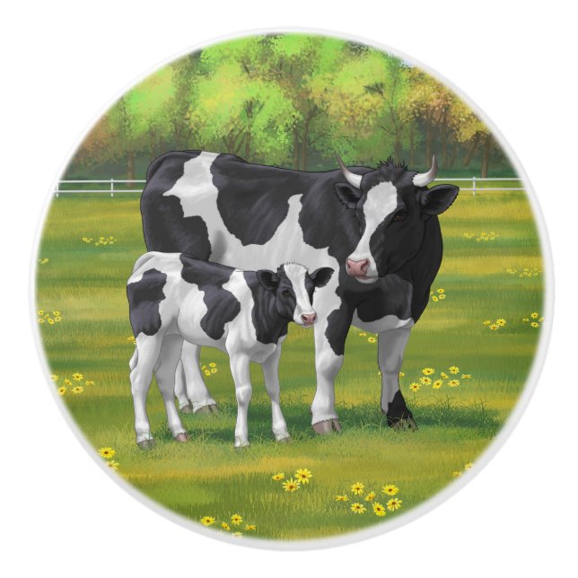 Holstein Cow & Cute Calf in Summer Pasture Ceramic Knob (Front)
