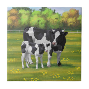 Holstein Cow & Cute Calf in Summer Pasture Ceramic Tile