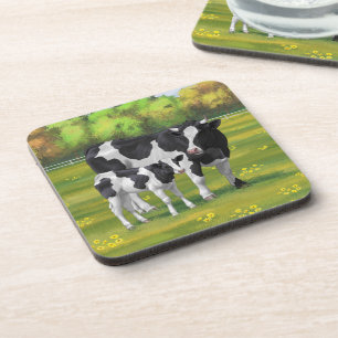 Holstein Cow & Cute Calf in Summer Pasture Coaster