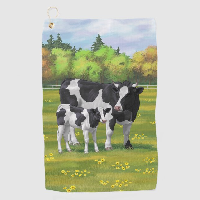 Holstein Cow & Cute Calf in Summer Pasture Golf Towel (Front)