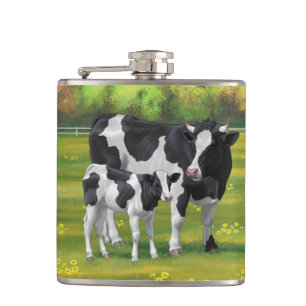 Holstein Cow & Cute Calf in Summer Pasture Hip Flask