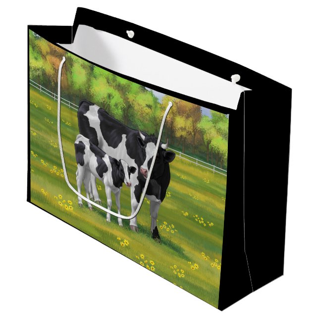Holstein Cow & Cute Calf in Summer Pasture Large Gift Bag (Front Angled)