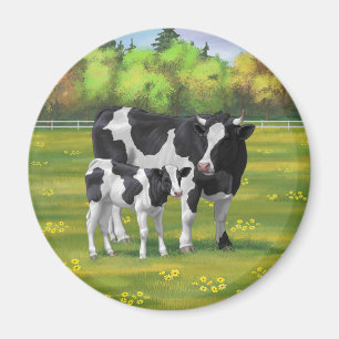 Holstein Cow & Cute Calf in Summer Pasture Magnet