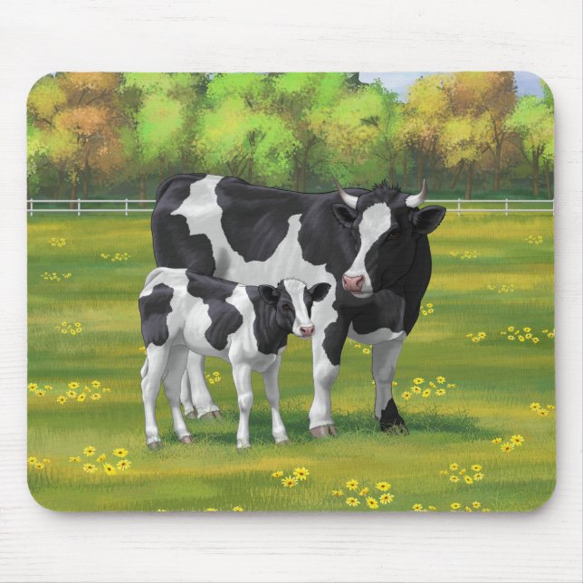 Holstein Cow & Cute Calf in Summer Pasture Mouse Pad (Front)