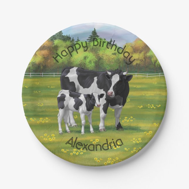 Holstein Cow & Cute Calf in Summer Pasture Paper Plate (Front)