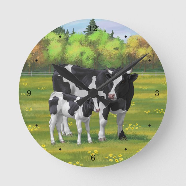 Holstein Cow & Cute Calf in Summer Pasture Round Clock (Front)